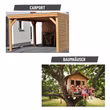 Beispielanwendungen für Holzschrauben: Carport-Konstruktion aus Holz sowie Baumhaus im Garten mit Kindern; beschriftete Bildkacheln.