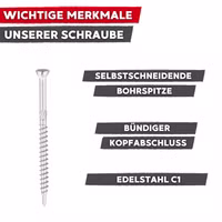 dielenschraube-c1-tx-senkkopf-einzeln-edelstahl_Merkmale.jpg Merkmale der Dielenschraube aus Edelstahl C1 mit Senkkopf und TX-Antrieb