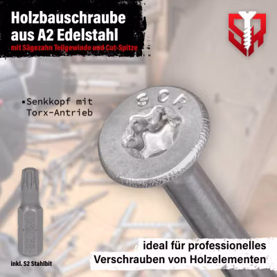 Holzbauschraube aus Edelstahl A2 mit Torx Antrieb, Teilgewinde und Bit