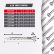 Maßtabelle der SCREW REBEL Terrassenschrauben 4 mm und 4,5 mm mit dk-, hk-, b- und l-Maßen